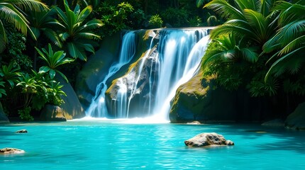 Tropical Waterfall Lagoon with Turquoise Water in Ultra HD