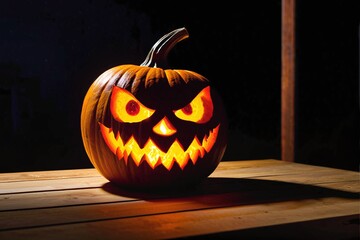 Portrait of a glowing spooky carved Halloween pumpkin
