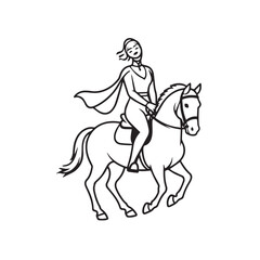 Black and white line art of a beautiful woman with perfect body riding horse elegant minimalist illustration