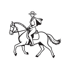 Black and white line art of a beautiful woman with perfect body riding horse elegant minimalist illustration