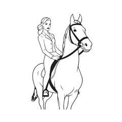 Black and white line art of a beautiful woman with perfect body riding horse elegant minimalist illustration