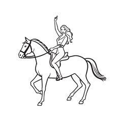 Black and white line art of a beautiful woman with perfect body riding horse elegant minimalist illustration