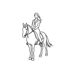 Black and white line art of a beautiful woman with perfect body riding horse elegant minimalist illustration