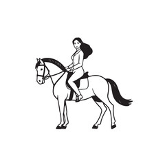 Black and white line art of a beautiful woman with perfect body riding horse elegant minimalist illustration