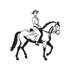 Black and white line art of a beautiful woman with perfect body riding horse elegant minimalist illustration