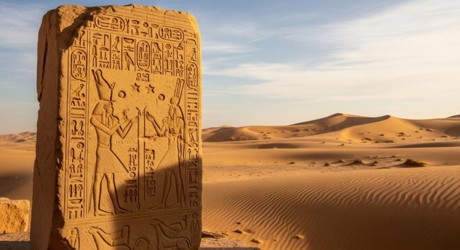 Ancient egyptian stela with hieroglyphics and desert landscape. Archeology and travel concept. Historical monument. - Powered by Adobe