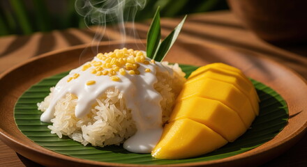 Traditional Thai mango sticky rice dessert on banana leaf plate