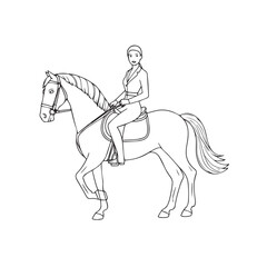Black and white line art of a beautiful woman with perfect body riding horse elegant minimalist illustration