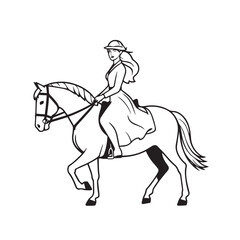 Black and white line art of a beautiful woman with perfect body riding horse elegant minimalist illustration