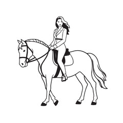 Black and white line art of a beautiful woman with perfect body riding horse elegant minimalist illustration