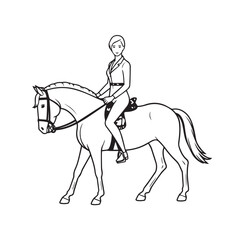 Black and white line art of a beautiful woman with perfect body riding horse elegant minimalist illustration