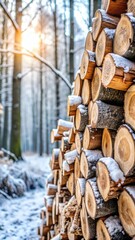 Close-up of stacked firewood covered in a light frost in winter