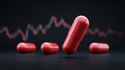 Red capsules suspended in air with blurred background of fluctuating graph line in a professional pharmaceutical setting