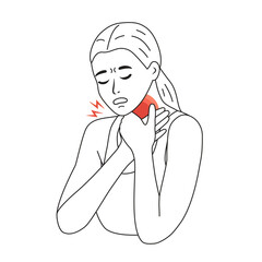 Outline sick woman with sore throat as a symptom of virus infection. Line girl holding her neck with inflammation and pain as a result of covid or flu