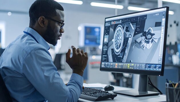 A professional engineer focused on his task develops complex mechanical components using advanced computer software while sitting at a workstation inside a busy technical research development