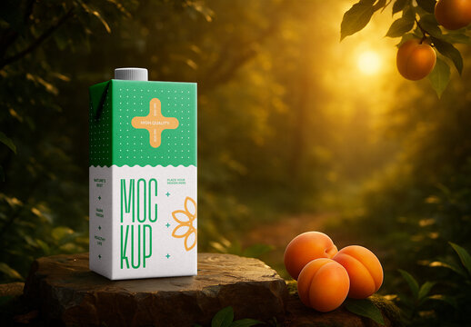 Realistic Apricot Juice Carton Packaging Mockup in Natural Garden Scene &ndash; Professional Beverage Box Template for Branding, Label Design and Product Presentation