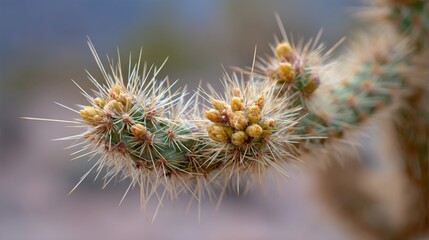 Close-up View of Cactus Spines and Buds in Desert Landscape