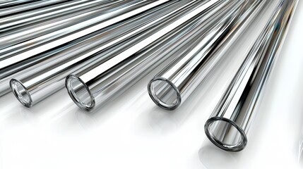 A collection of shiny, metallic tubes of varying lengths and diameters.