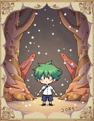 A Wide-Eyed Chibi Boy with Vibrant Green Hair Stands Under Falling White Petals, Framed by Ornate, Root-Like Structures in a Dreamlike Fantasy World.