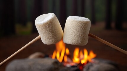 Two toasted marshmallows on sticks over a glowing campfire in a serene forest setting at dusk