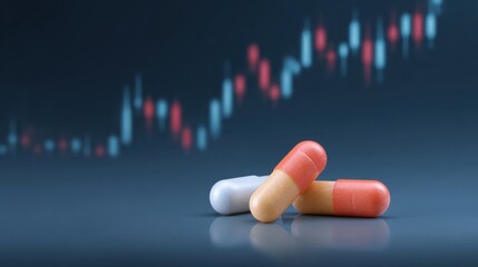 Colorful Capsules on a Reflective Surface with Stock Market Graph in the Background