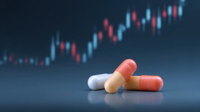 Colorful Capsules on a Reflective Surface with Stock Market Graph in the Background