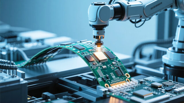 Robotic arm assembling electronic circuit board in automated manufacturing process