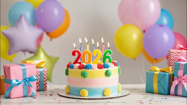 2026 New Year celebration with cake, candles, and colourful balloons.