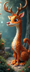 An Adorable Whimsical Orange Deer-Dragon Hybrid Creature with Textured Scales and Majestic Antlers Sits Curiously on a Serene Forest Path