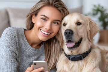 Woman and golden retriever dog taking selfie together