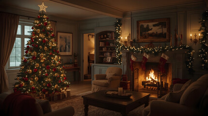 Cozy Living Room with Christmas Tree and Fireplace Decorated with Lights