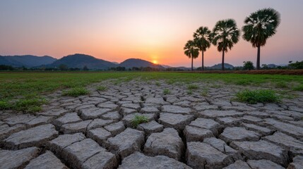 Cracked Earth Landscape at Sunset with Palms and Mountains in the Background