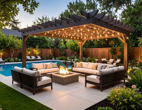 Backyard oasis with pergola and fire pit