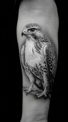 Detailed black and white tattoo of a majestic hawk, showcasing intricate detail and realism.