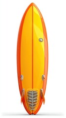 Close up view of a surfboard with orange and yellow color scheme, shown from the back against a plain white background.