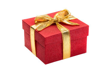 Fototapeta premium stunning red gift box adorned with a golden bow isolated on white background