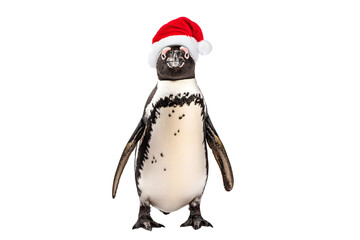 Fototapeta premium penguin wearing a Santa Claus hat in anticipation of the holiday season isolated on white background