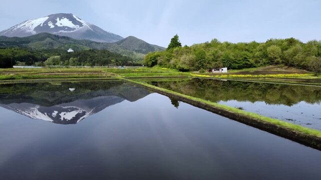 代搔き前の田んぼの水面に映る山