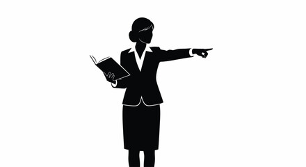 Obraz premium Silhouette of a businesswoman holding a book and pointing forward with determination.