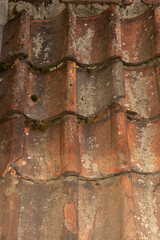 Close view of aged roof tiles covered with moss and natural weathering.