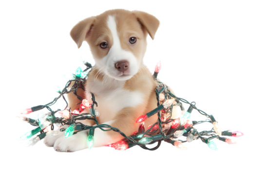  cute puppy tangled in colorful string lights v