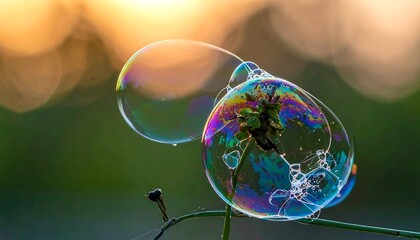 Colorful soap bubbles at sunset