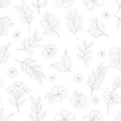 Fototapeta premium A delicate pattern of scattered leaves and small floral elements drawn with fine lines.