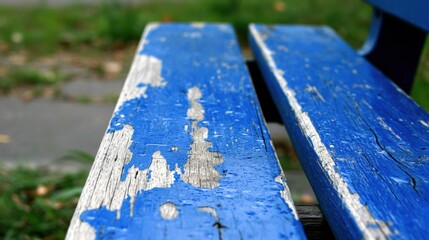 A weathered blue wooden bench with peeling paint.