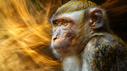 Intense gaze of a contemplative monkey amidst abstract gold light, creating a captivating wildlife portrait perfect for nature documentaries