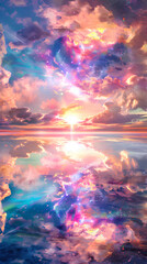 Celestial Serenity: An ethereal scene where the vibrant sunset casts a kaleidoscope of colors across the tranquil sea and sky, creating a mesmerizing spectacle of nature's artistry.