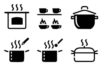Cooking icons featuring an oven, cups, pots, and pans, representing various cooking methods and kitchen equipment