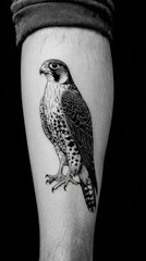 Detailed black and white tattoo of a peregrine falcon, showcasing intricate line work and shading.