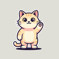Obraz premium Adorable cartoon ginger cat waving a friendly paw hello. Cute kitten character illustration on a simple background