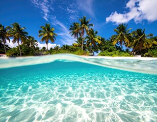 Tropical Paradise Beach Scene with Palm Trees.